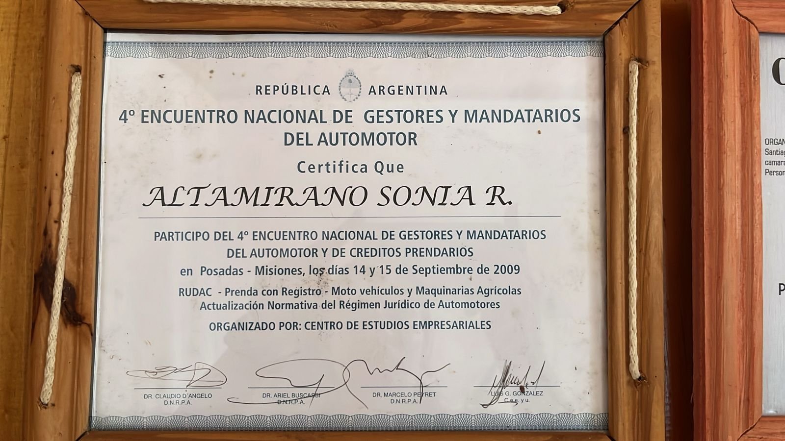 Certificado del 4.º Encuentro Nacional de Gestores y Mandatarios del Automotor